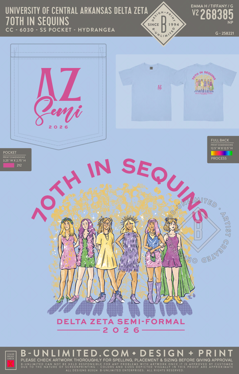University of Central Arkansas Delta Zeta - 70th in Sequins - CC - 6030 - SS Pocket - Hydrangea