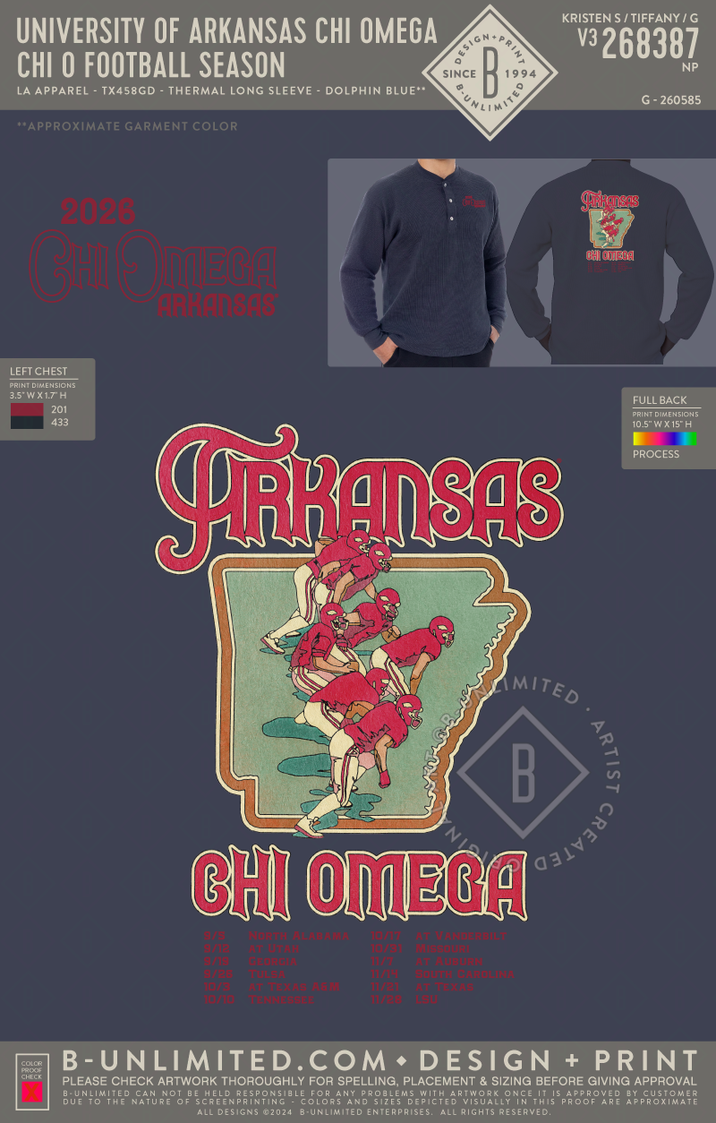 University of Arkansas Chi Omega - Chi O Football Season - LA Apparel - TX458GD - Heavy Thermal Heritage Henley - Dolphin Blue