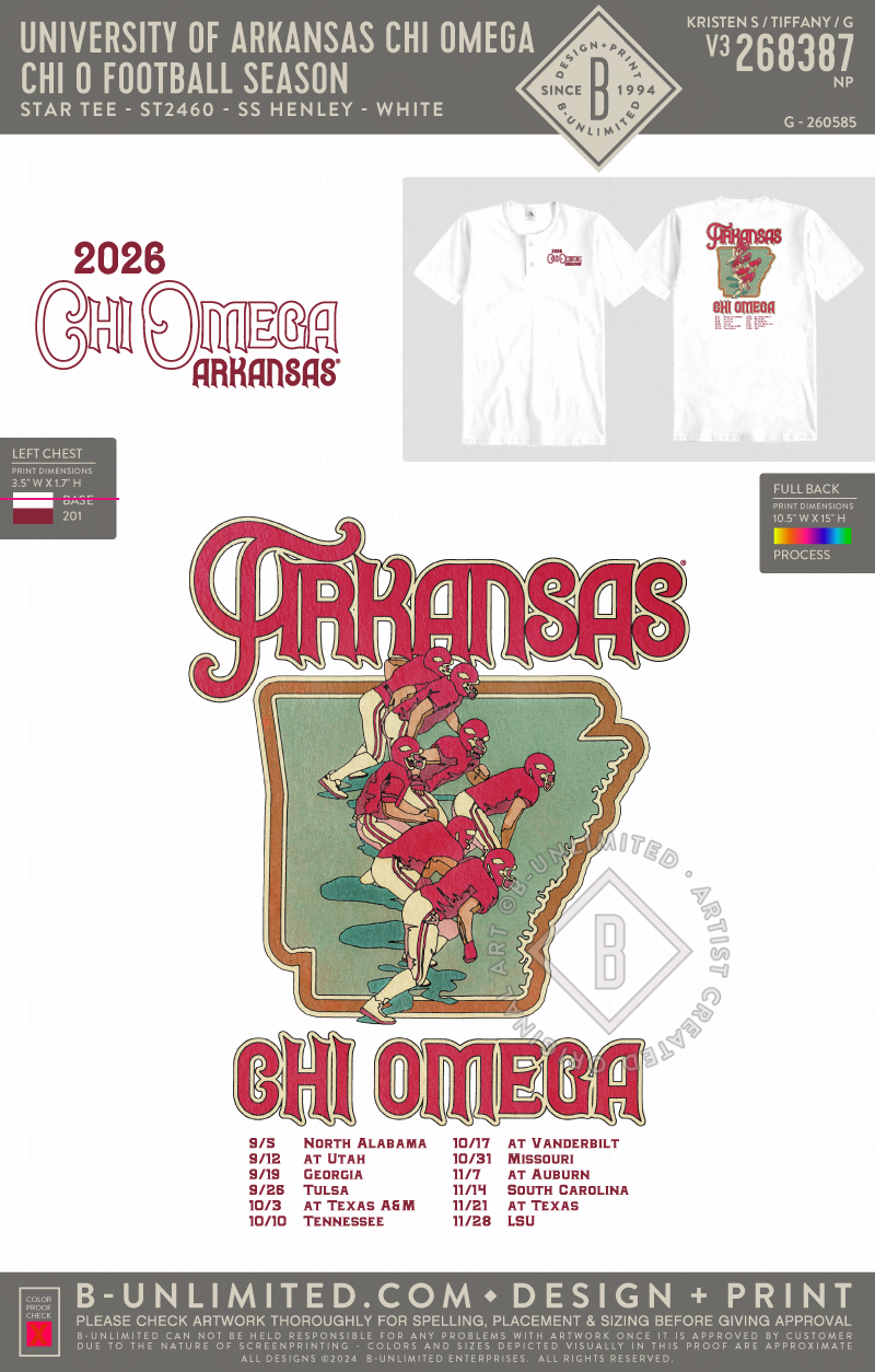 University of Arkansas Chi Omega - Chi O Football Season - Star Tee - ST2460 - SS Henley - White