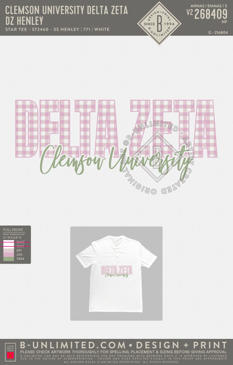 Clemson University Delta Zeta - DZ Henley - Star Tee - ST2460 - SS Henley - White