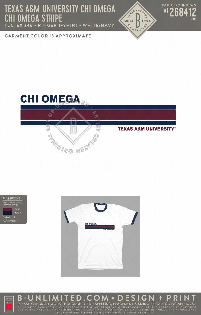 Texas A&M University Chi Omega - Chi Omega Stripe - Tultex - 246 - Unisex Fine Jersey Ringer T-Shirt - White/Navy