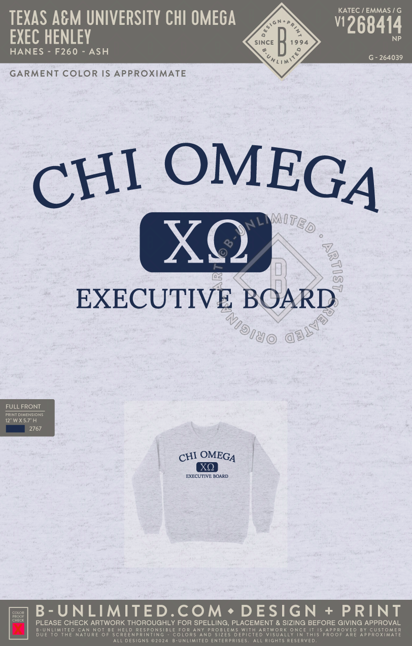 Texas A&M University Chi Omega - Exec Henley - Hanes - F260 - Sweatshirt - Ash