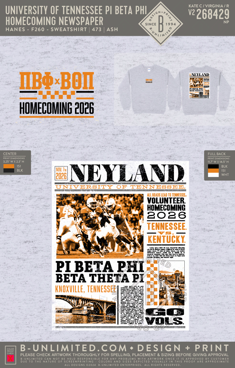 University of Tennessee Pi Beta Phi - Homecoming Newspaper Sweatshirt - Hanes - F260 - Sweatshirt - Ash