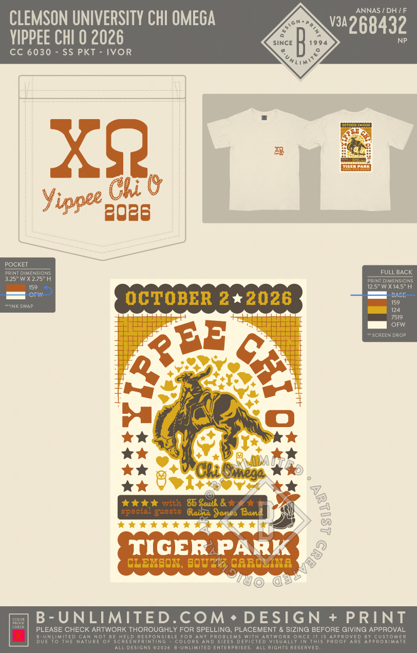 Clemson University Chi Omega - Yippee Chi O 2026 - CC - 6030 - SS Pocket - Ivory