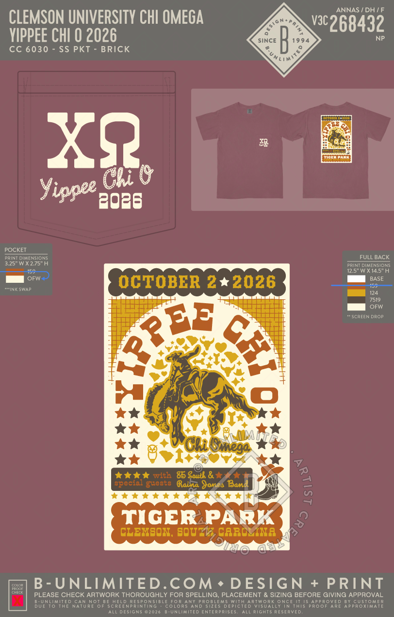 Clemson University Chi Omega - Yippee Chi O 2026 - CC - 6030 - SS Pocket - Brick