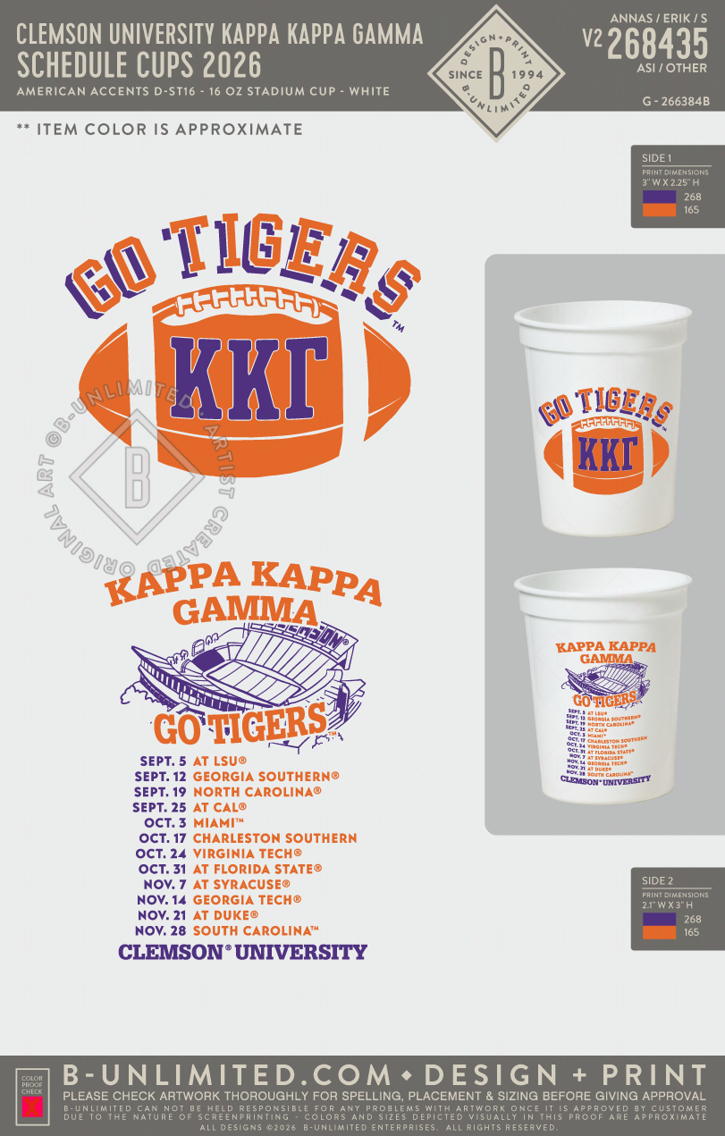 Clemson University Kappa Kappa Gamma - Schedule Cups 2026 - American Accents - D-ST16 - 16 oz Cup - White