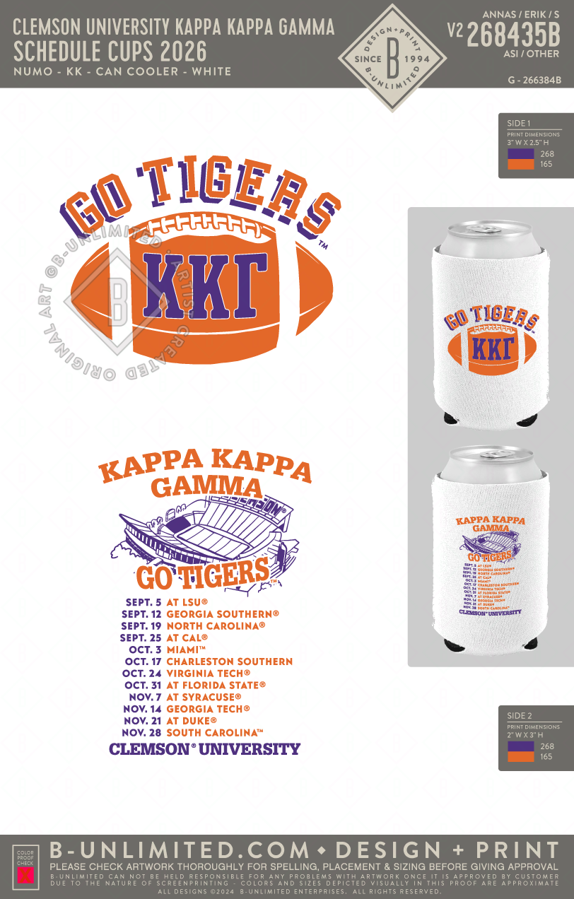 Clemson University Kappa Kappa Gamma - Schedule Koozie 2026 - Numo - KK - Can Cooler - White