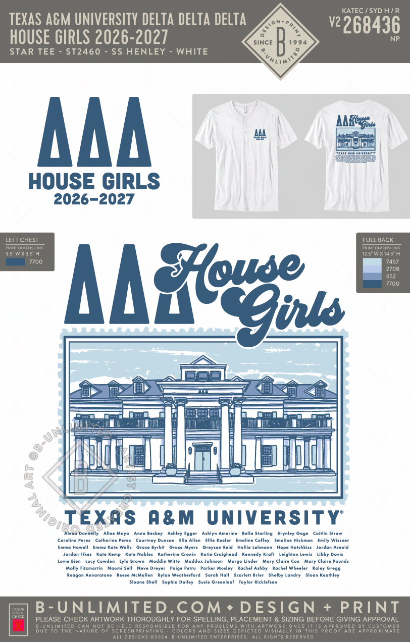 Texas A&M University Delta Delta Delta - House Girls 2026-2027 - Star Tee - ST2460 - SS Henley - White