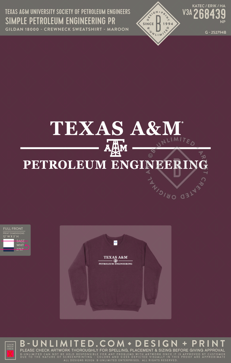 Texas A&M University Society of Petroleum Engineers - Simple Petroleum Engineering PR - Gildan - 18000 - Crewneck Sweatshirt - Maroon