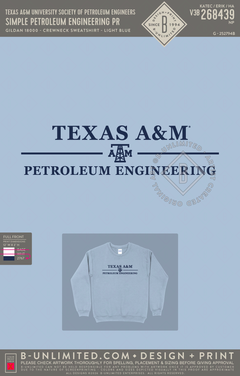 Texas A&M University Society of Petroleum Engineers - Simple Petroleum Engineering PR - Gildan - 18000 - Crewneck Sweatshirt - Light Blue