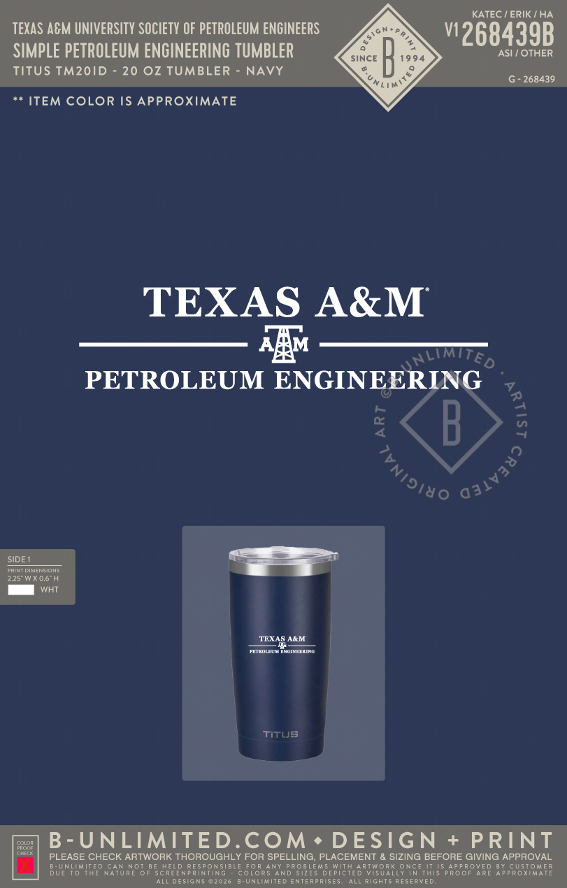 Texas A&M University Society of Petroleum Engineers - Simple Petroleum Engineering Tumbler - TiTUS® TM20ID - 20 oz Double Wall Stainless Insulated Tumbler - Navy Blue