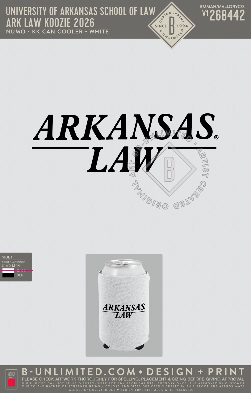 University of Arkansas School of Law - Ark Law Koozie 2026 - Numo - KK - Can Cooler - White