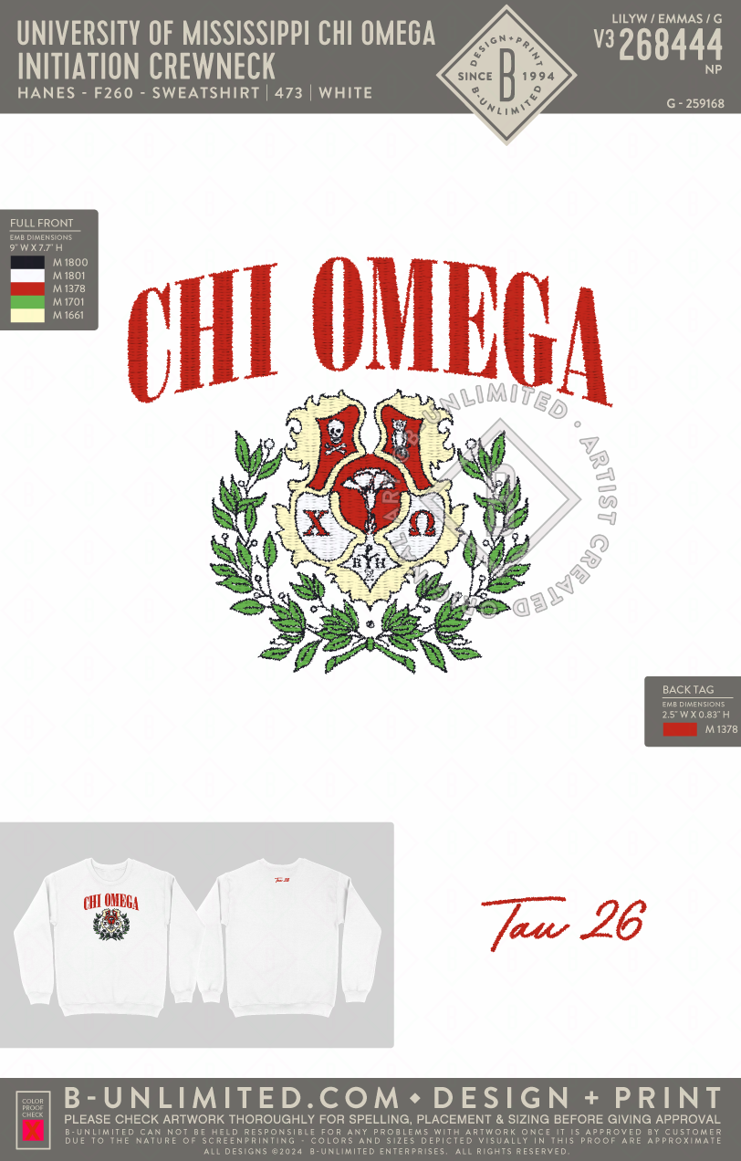 University of Mississippi Chi Omega - Initiation Crewneck - Hanes - F260 - Sweatshirt - White