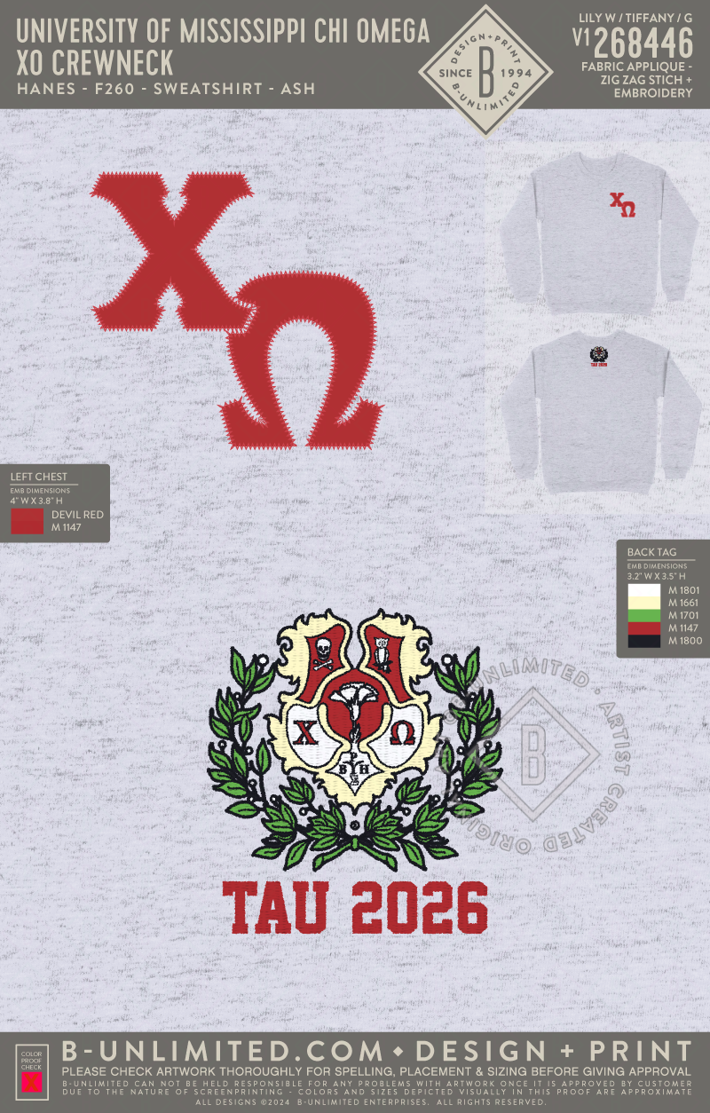 University of Mississippi Chi Omega - XO Crewneck - Hanes - F260 - Sweatshirt - Ash