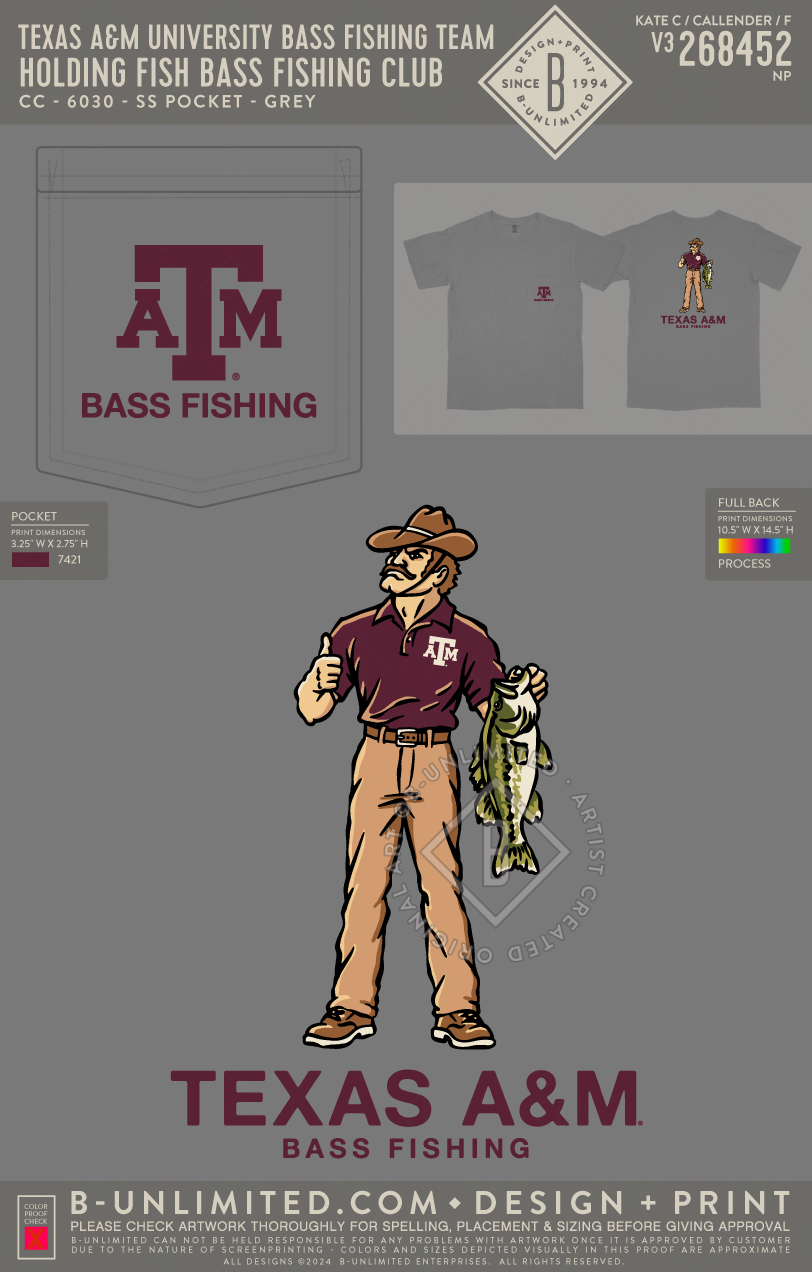 Texas A&M University Bass Fishing Team - Holding Fish Bass Fishing Club - CC - 6030 - SS Pocket - Grey