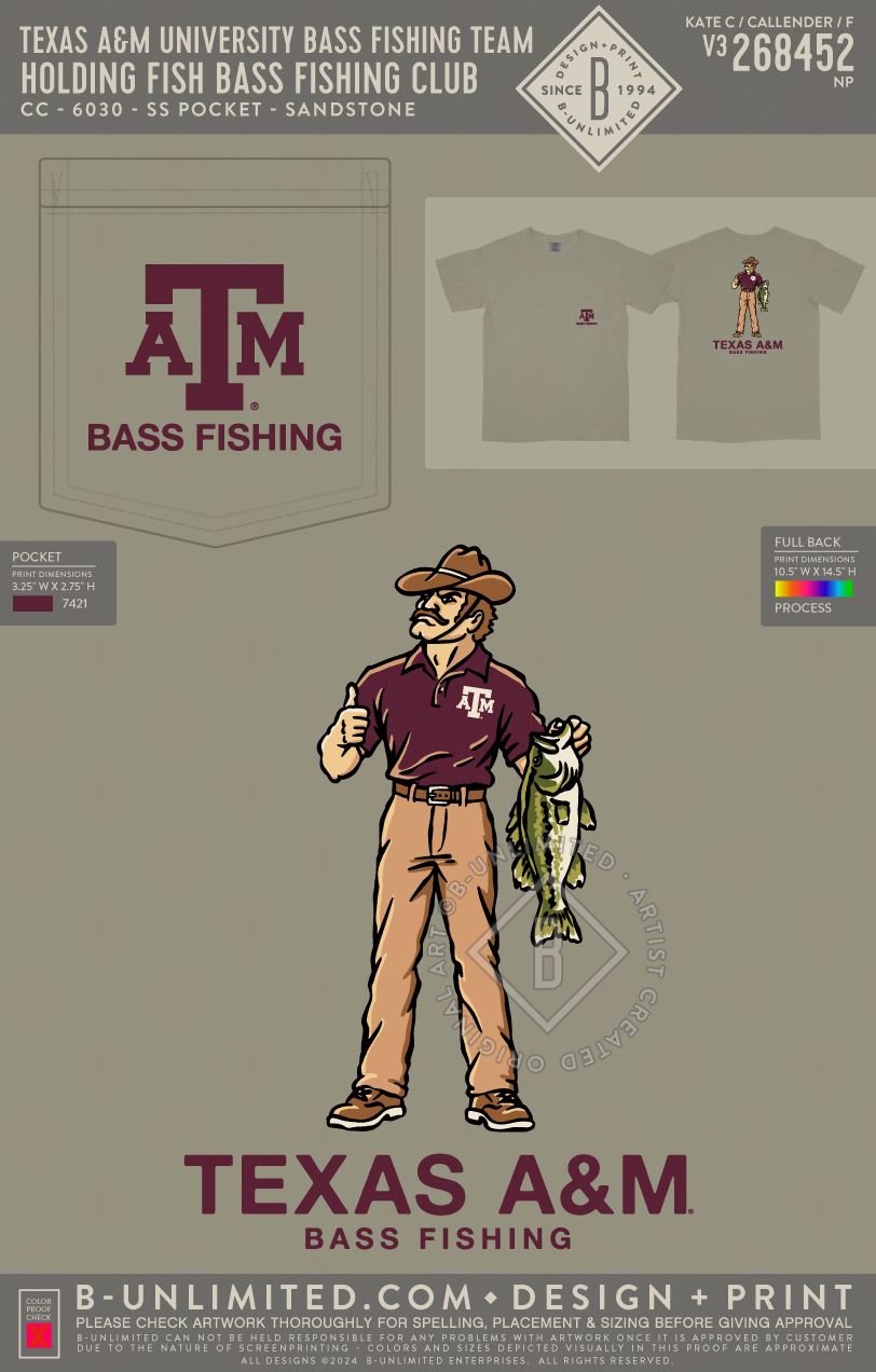 Texas A&M University Bass Fishing Team - Holding Fish Bass Fishing Club - CC - 6030 - SS Pocket - Sandstone