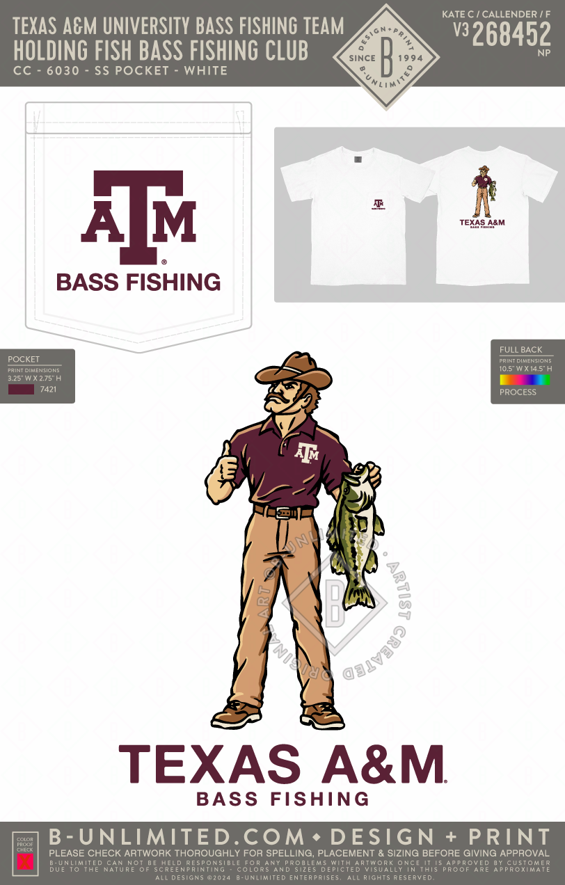 Texas A&M University Bass Fishing Team - Holding Fish Bass Fishing Club - CC - 6030 - SS Pocket - White