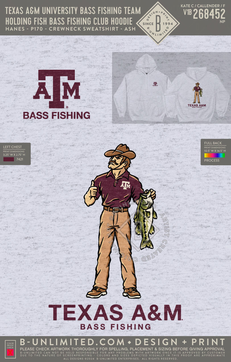 Texas A&M University Bass Fishing Team - Holding Fish Bass Fishing Club Hoodie - Hanes - P170 - Hoodie - Ash