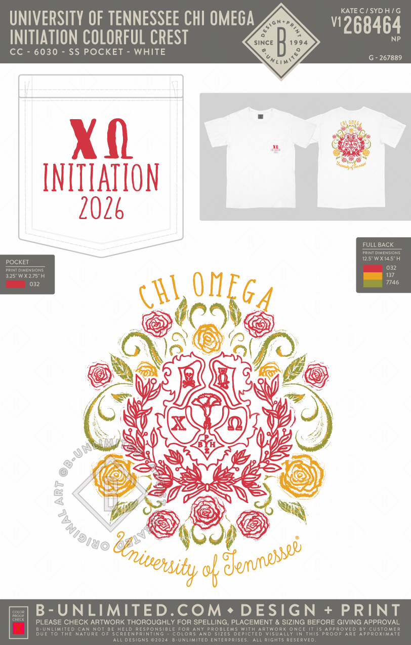 University of Tennessee Chi Omega - Initiation Colorful Crest - CC - 6030 - SS Pocket - White