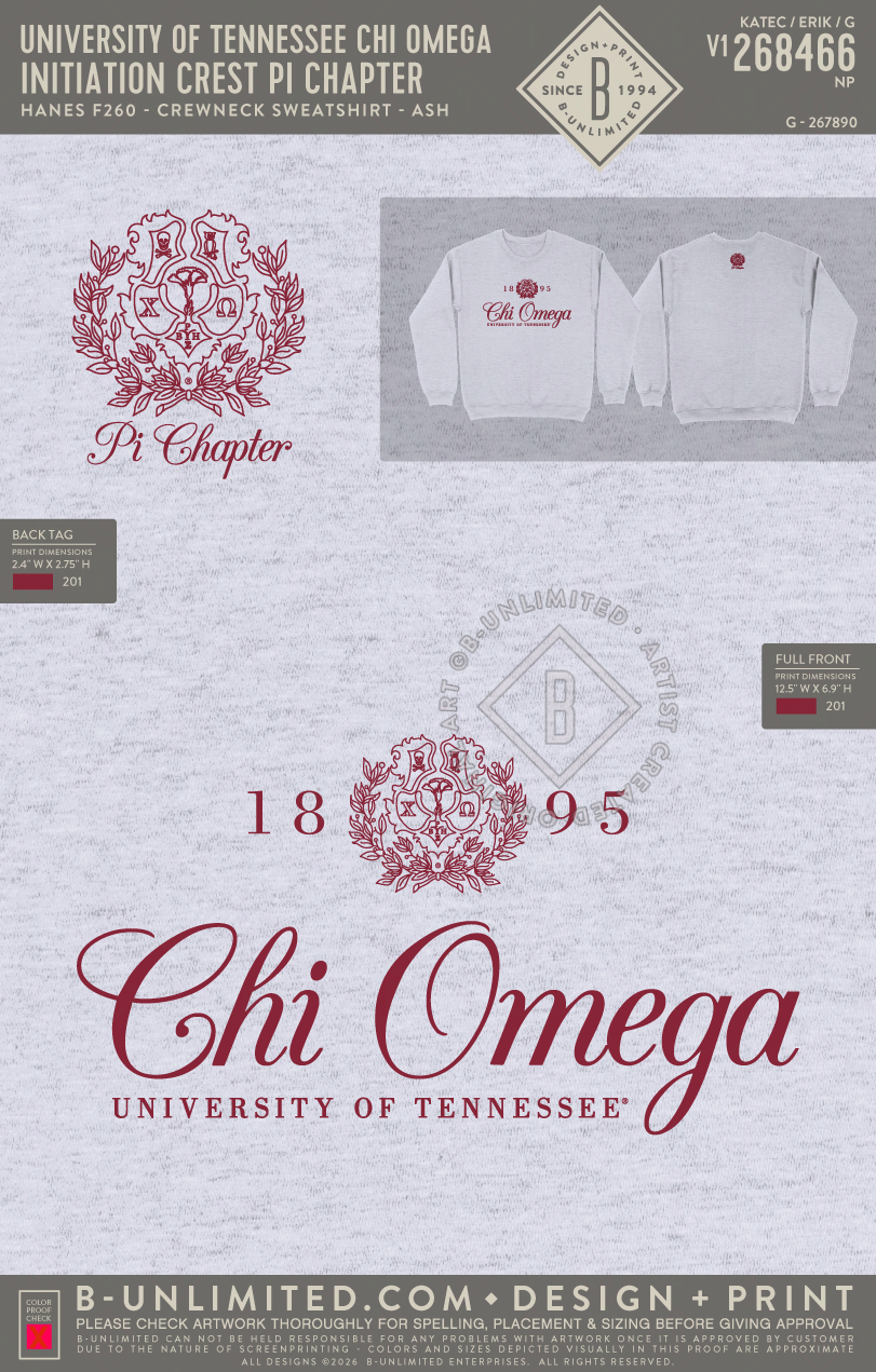 University of Tennessee Chi Omega - Initiation Crest Pi Chapter - Hanes - F260 - Sweatshirt - Ash