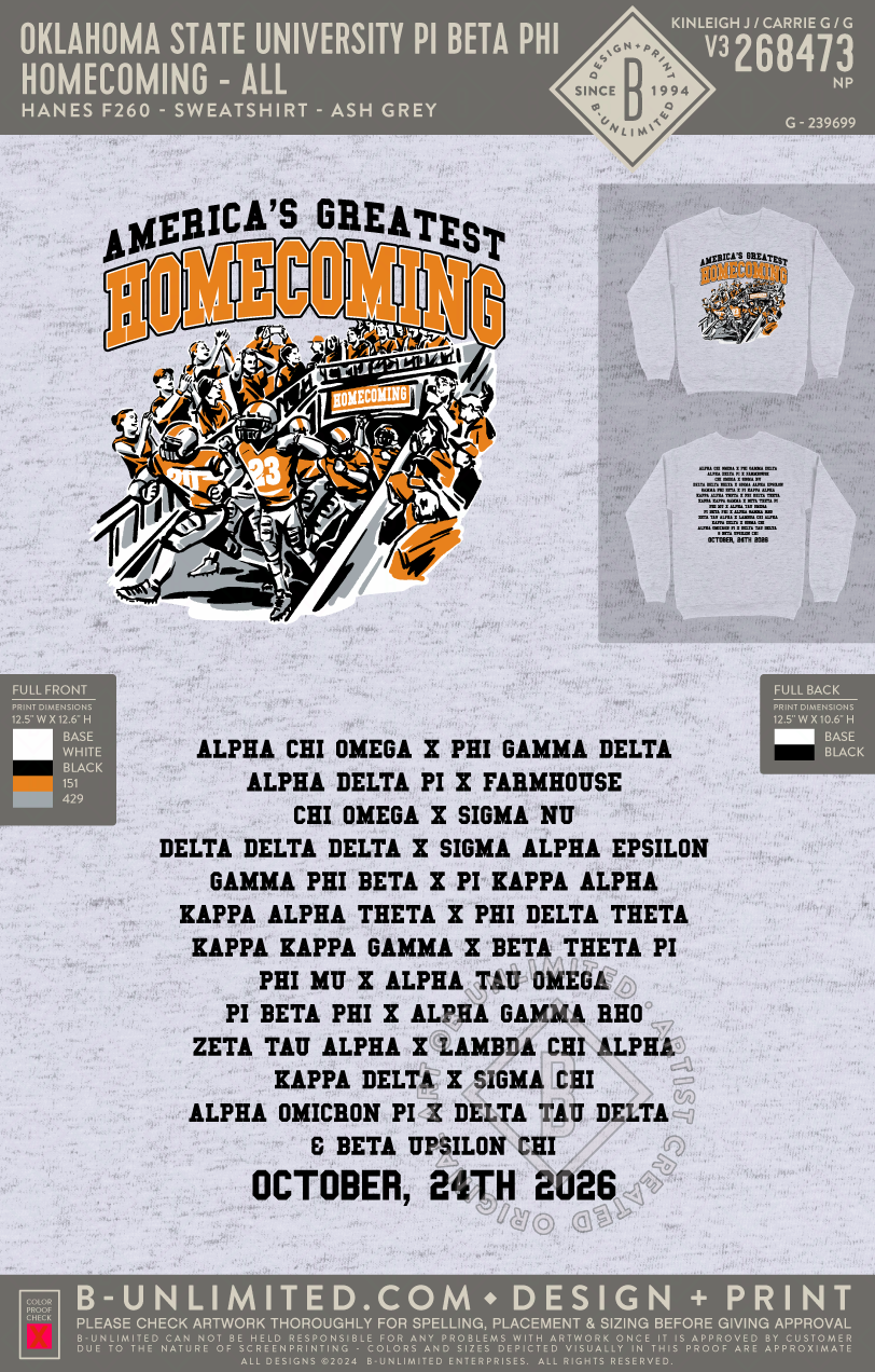 Oklahoma State University Pi Beta Phi - Homecoming - ALL - Hanes - F260 - Sweatshirt - Ash