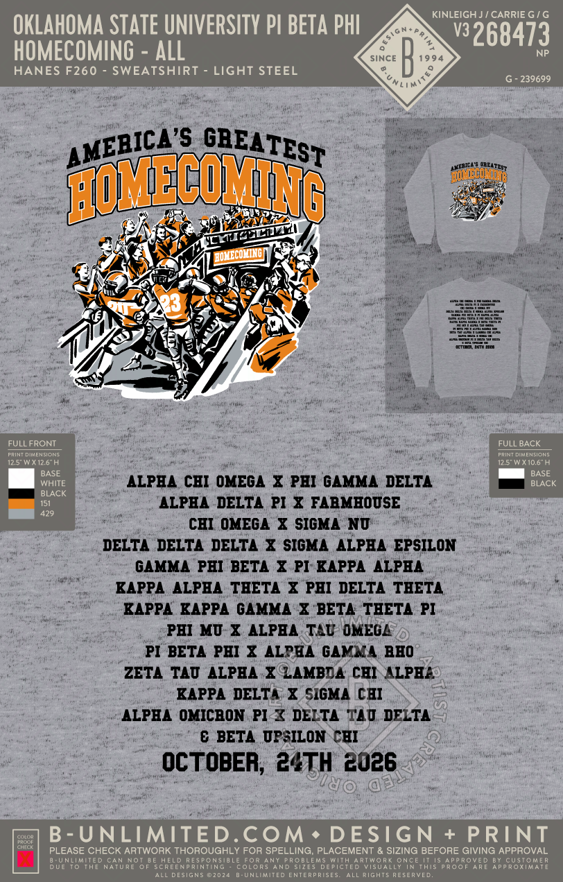 Oklahoma State University Pi Beta Phi - Homecoming - ALL - Hanes - F260 - Sweatshirt - Light Steel