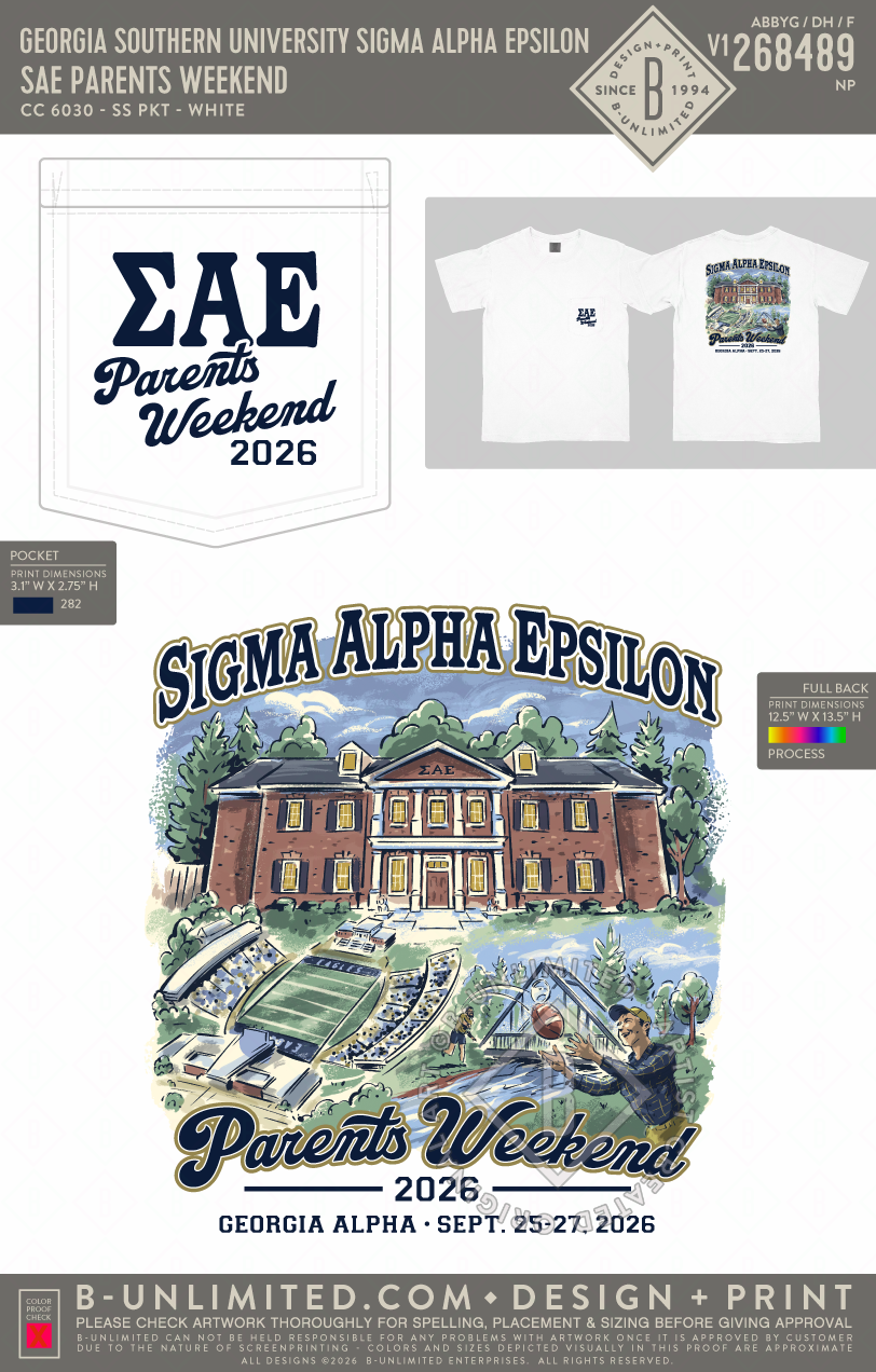 Georgia Southern University Sigma Alpha Epsilon - SAE Parents Weekend - CC - 6030 - SS Pocket - White
