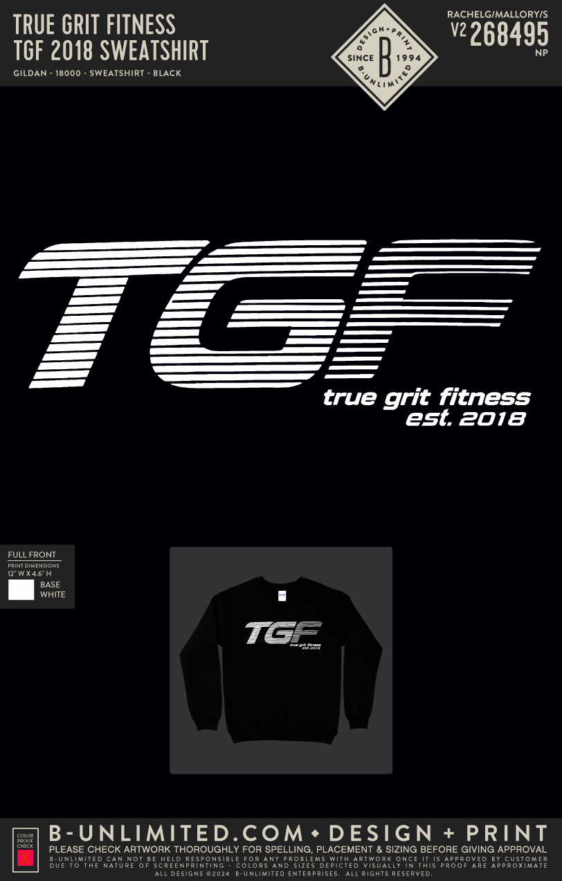 True Grit Fitness - TGF 2018 Sweatshirt - Gildan - 18000 - Crewneck Sweatshirt - Black