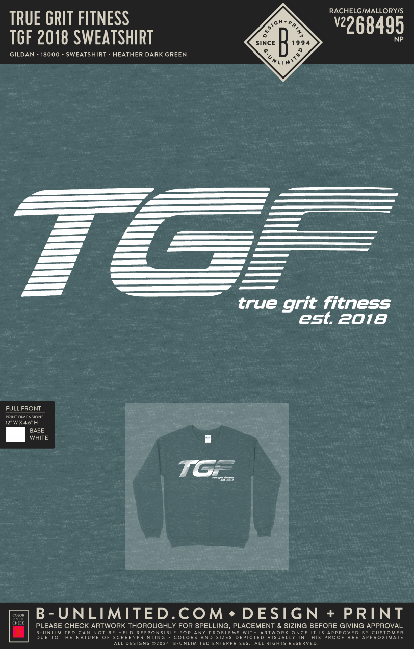 True Grit Fitness - TGF 2018 Sweatshirt - Gildan - 18000 - Crewneck Sweatshirt - Heather Sport Dark Green