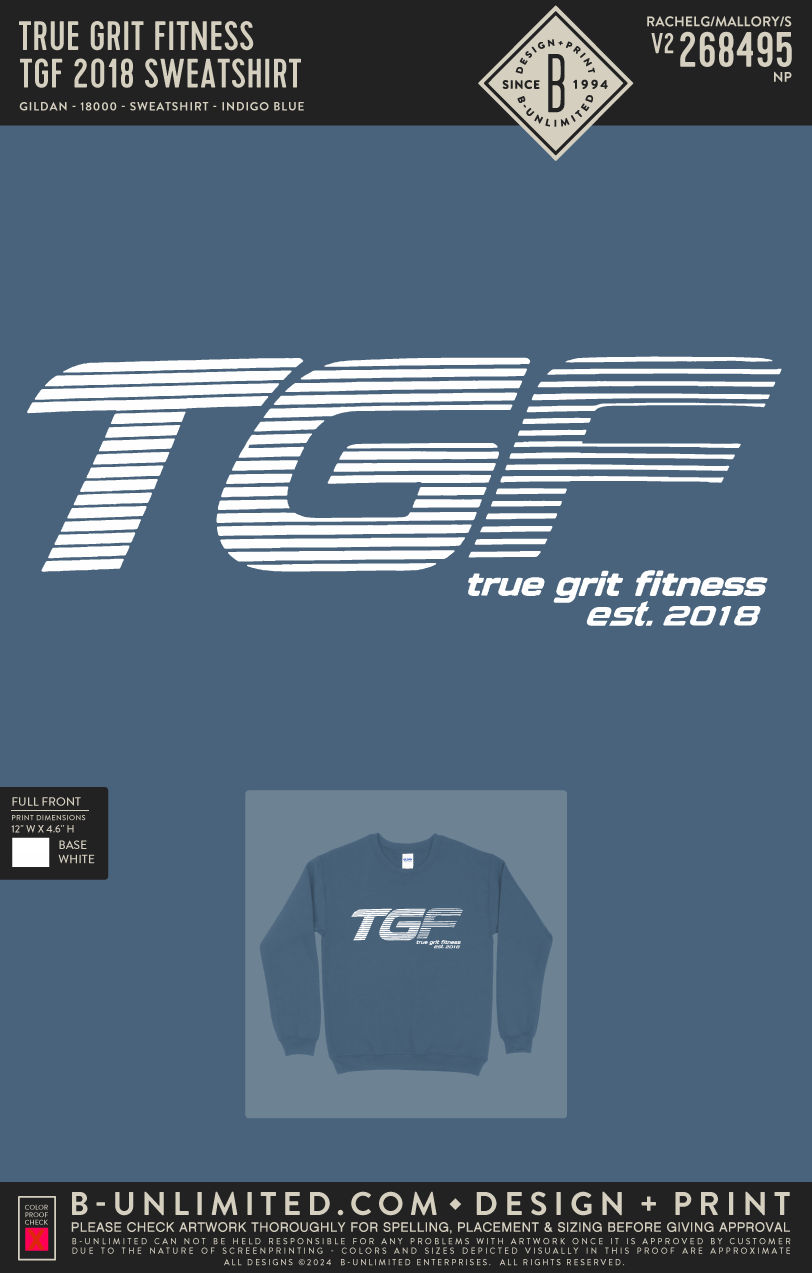 True Grit Fitness - TGF 2018 Sweatshirt - Gildan - 18000 - Crewneck Sweatshirt - Indigo Blue