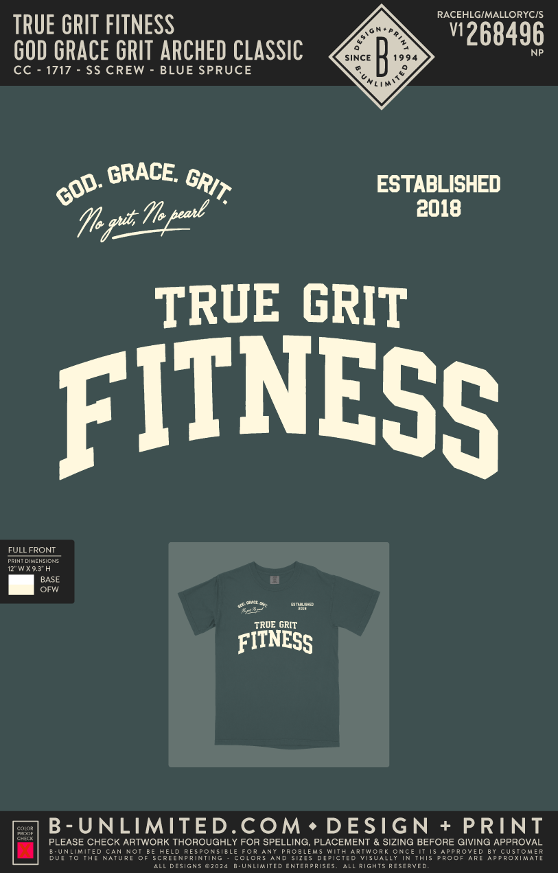 True Grit Fitness - God Grace Grit Arched Classic - CC - 1717 - SS Crew - Blue Spruce