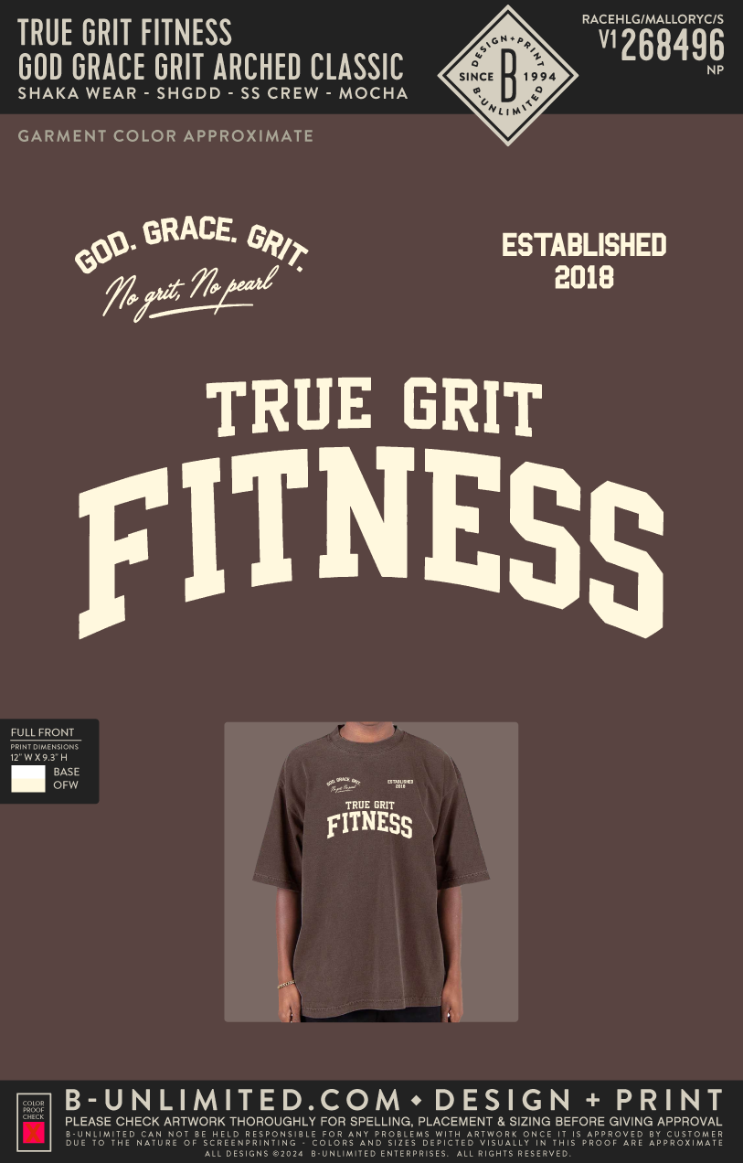 True Grit Fitness - God Grace Grit Arched Classic - Shaka - SHGDD - Garment-Dyed Drop-Shoulder T-Shirt - Mocha