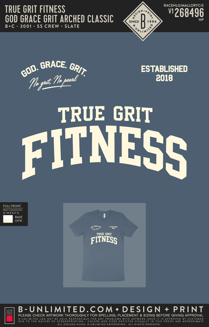 True Grit Fitness - God Grace Grit Arched Classic - B+C - 3001 - SS Crew - Slate