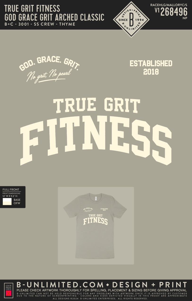True Grit Fitness - God Grace Grit Arched Classic - B+C - 3001 - SS Crew - Thyme