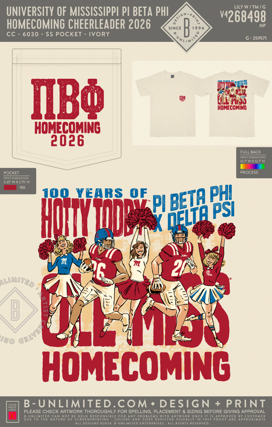 University of Mississippi Pi Beta Phi - Homecoming Cheerleader 2026 - CC - 6030 - SS Pocket - Ivory