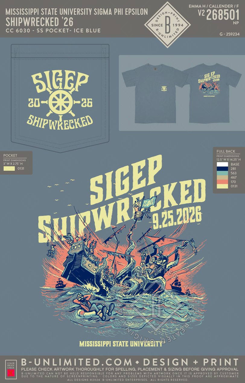 Mississippi State University Sigma Phi Epsilon - Shipwrecked '26 - CC - 6030 - SS Pocket - Ice Blue