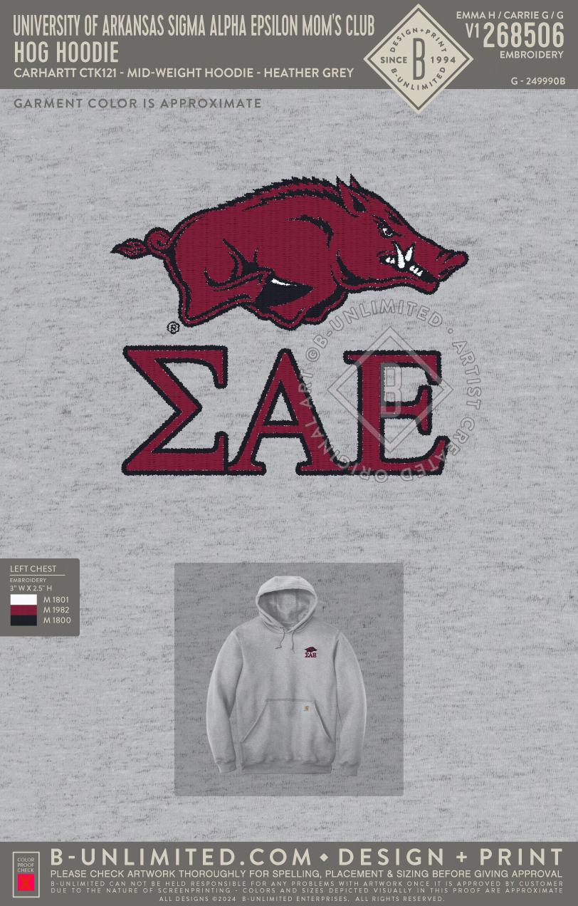 University of Arkansas Sigma Alpha Epsilon Mom's Club - Hog Hoodie - Carhartt - CTK121 - Mid-Weight Hoodie - Heather Grey