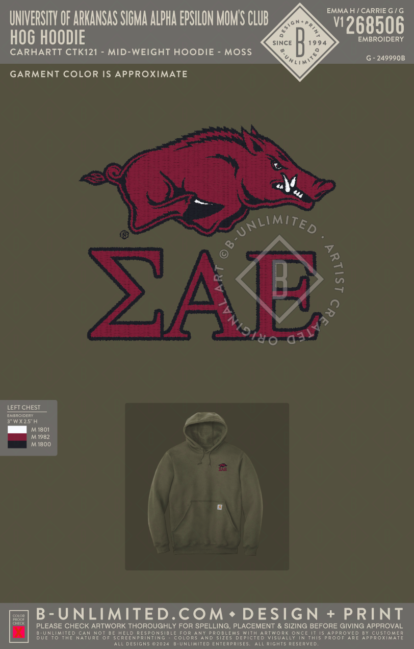 University of Arkansas Sigma Alpha Epsilon Mom's Club - Hog Hoodie - Carhartt - CTK121 - Mid-Weight Hoodie - Moss