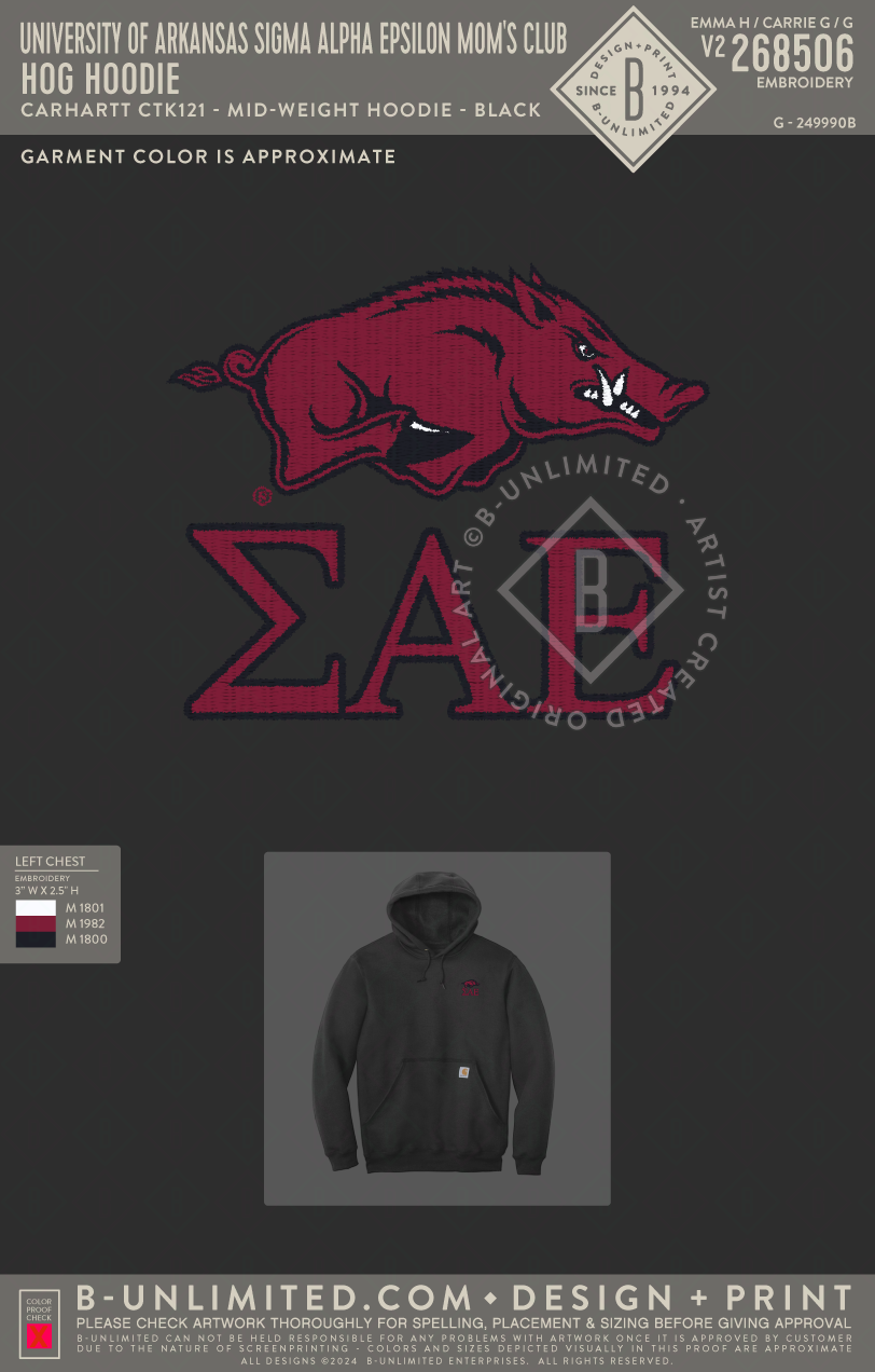 University of Arkansas Sigma Alpha Epsilon Mom's Club - Hog Hoodie - Carhartt - CTK121 - Mid-Weight Hoodie - Black