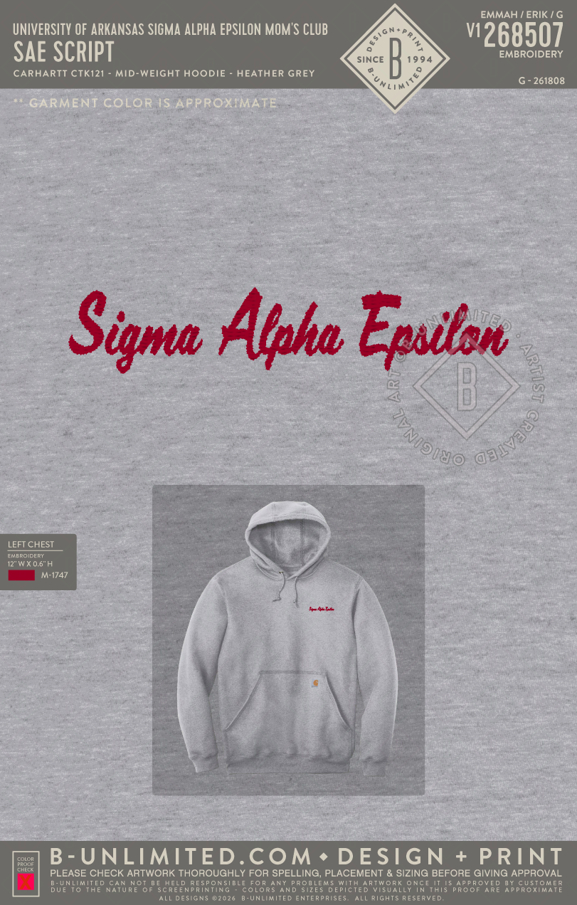 University of Arkansas Sigma Alpha Epsilon Mom's Club - SAE Script - Carhartt - CTK121 - Mid-Weight Hoodie - Heather Grey