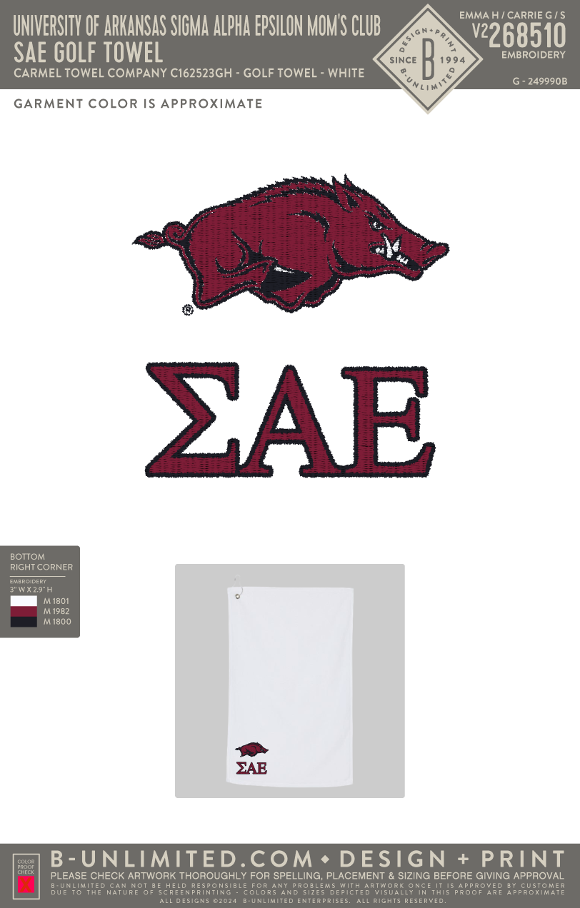 University of Arkansas Sigma Alpha Epsilon Mom's Club - SAE Golf towel - Carmel Towel COmpany - C162523GH - Golf Towel - White
