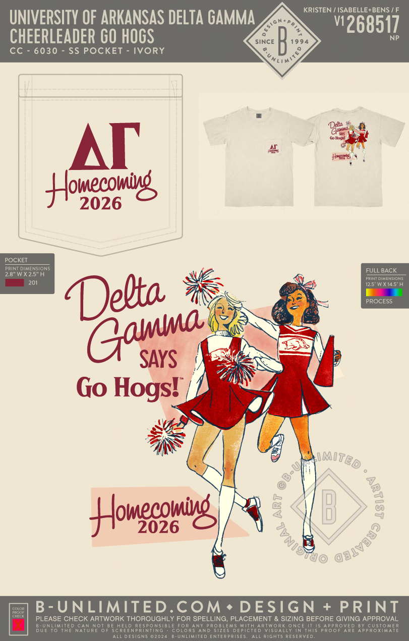 University of Arkansas Delta Gamma - Cheerleader Go Hogs - CC - 6030 - SS Pocket - Ivory