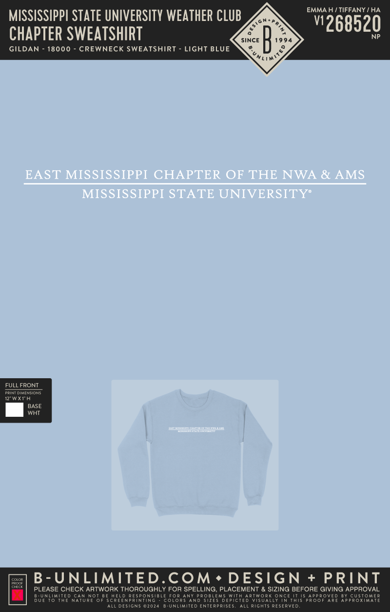 Mississippi State University Weather Club - Chapter Sweatshirt - Gildan - 18000 - Crewneck Sweatshirt - Light Blue