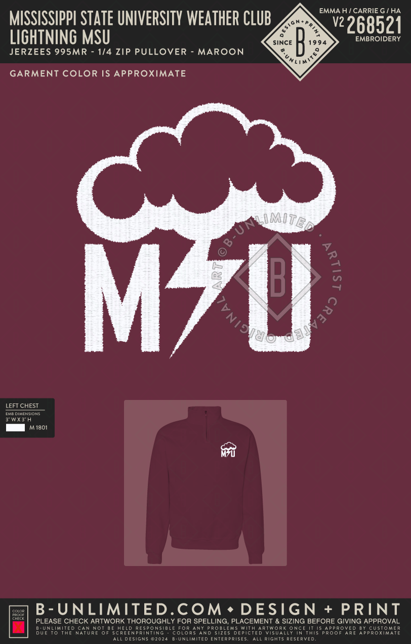 Mississippi State University Weather Club - Lightning MSU - Jerzees - 995MR - 1/4 Zip Pullover - Maroon