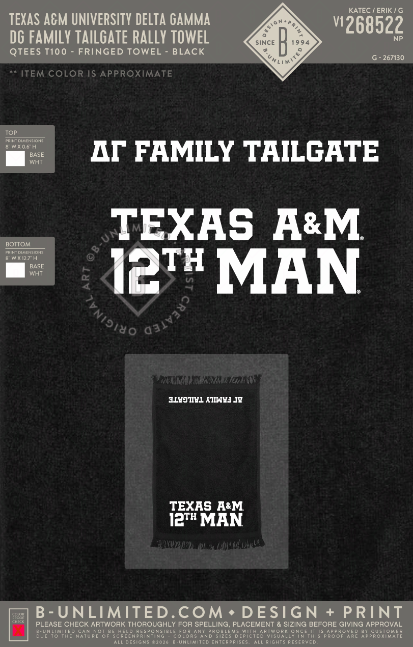 Texas A&M University Delta Gamma - DG Family Tailgate Rally Towel - QTees - T100 - Fringed Towel - Black
