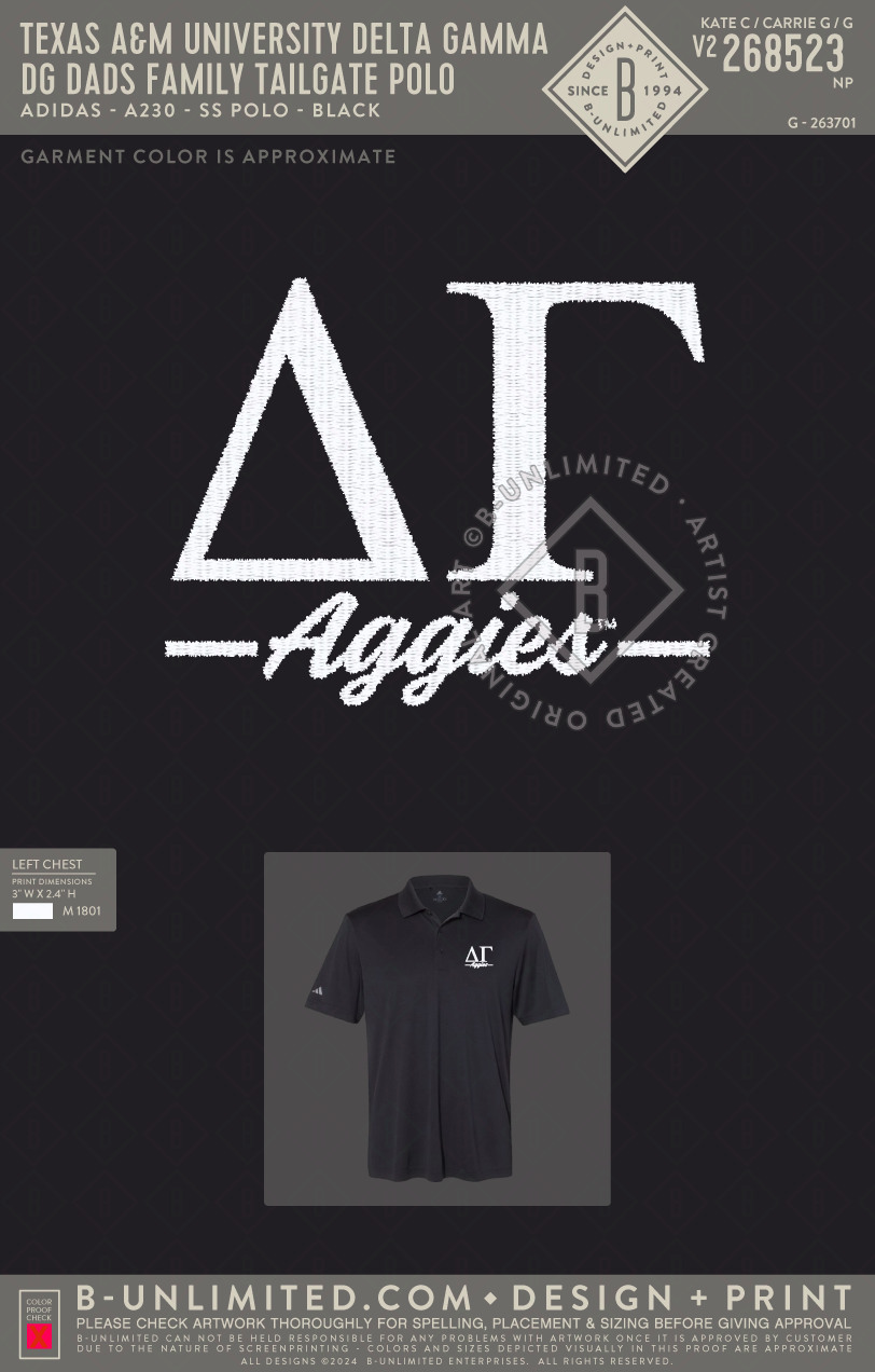 Texas A&M University Delta Gamma - DG Dads Family Tailgate Polo - Adidas - A230 - SS Polo - Black