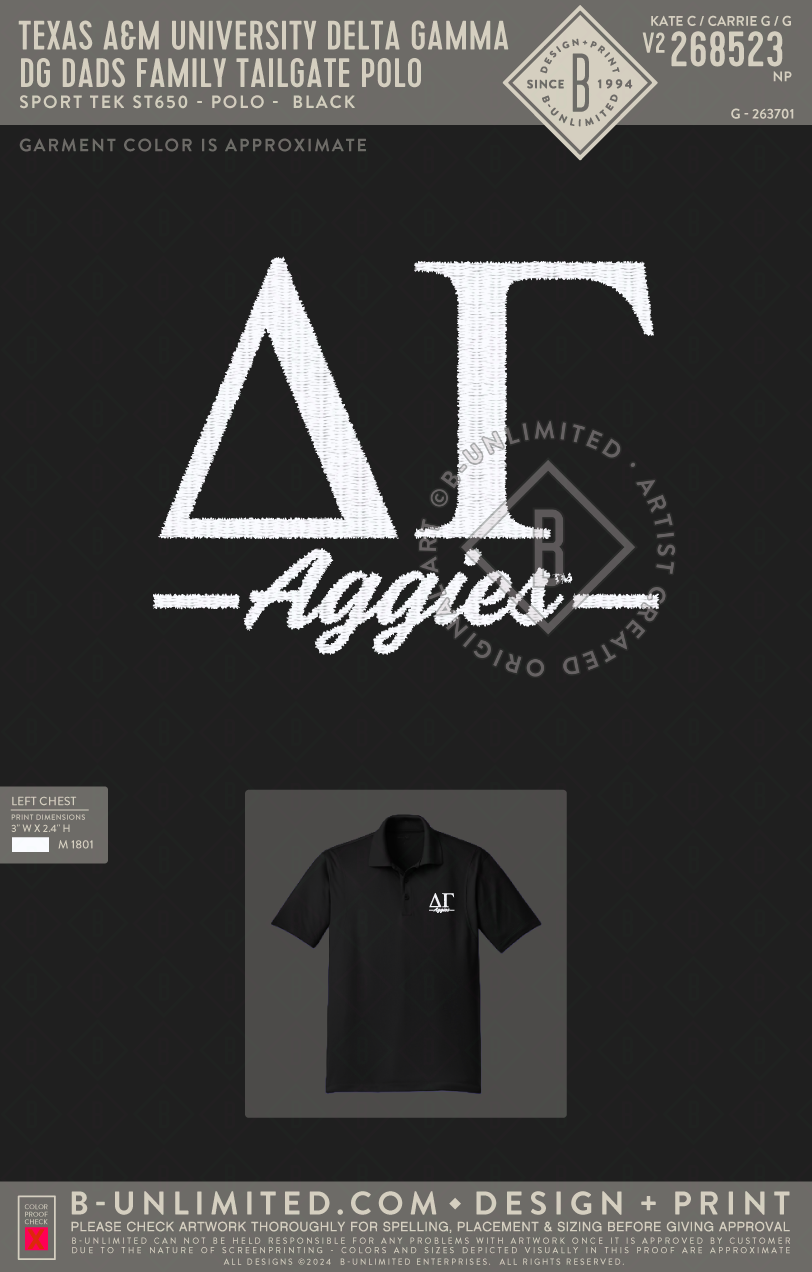 Texas A&M University Delta Gamma - DG Dads Family Tailgate Polo - Star Tee - ST2460 - SS Henley - Black