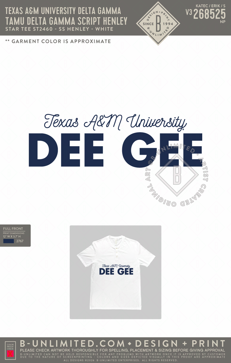 Texas A&M University Delta Gamma - TAMU Delta Gamma Script Henley - Star Tee - ST2460 - SS Henley - White