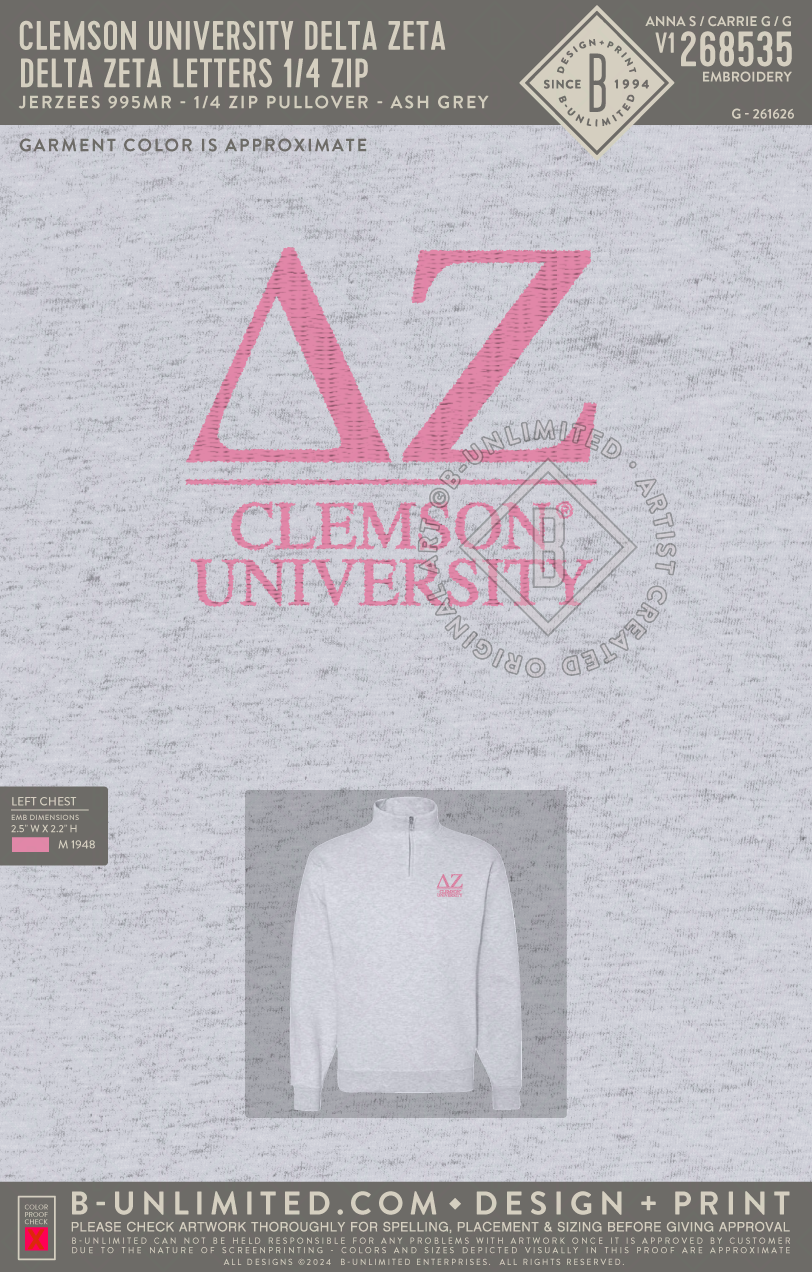 Clemson University Delta Zeta - Delta Zeta Letters 1/4 zip - Jerzees - 995MR - 1/4 Zip Pullover - Ash