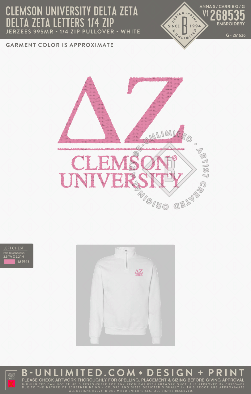 Clemson University Delta Zeta - Delta Zeta Letters 1/4 zip - Jerzees - 995MR - 1/4 Zip Pullover - White
